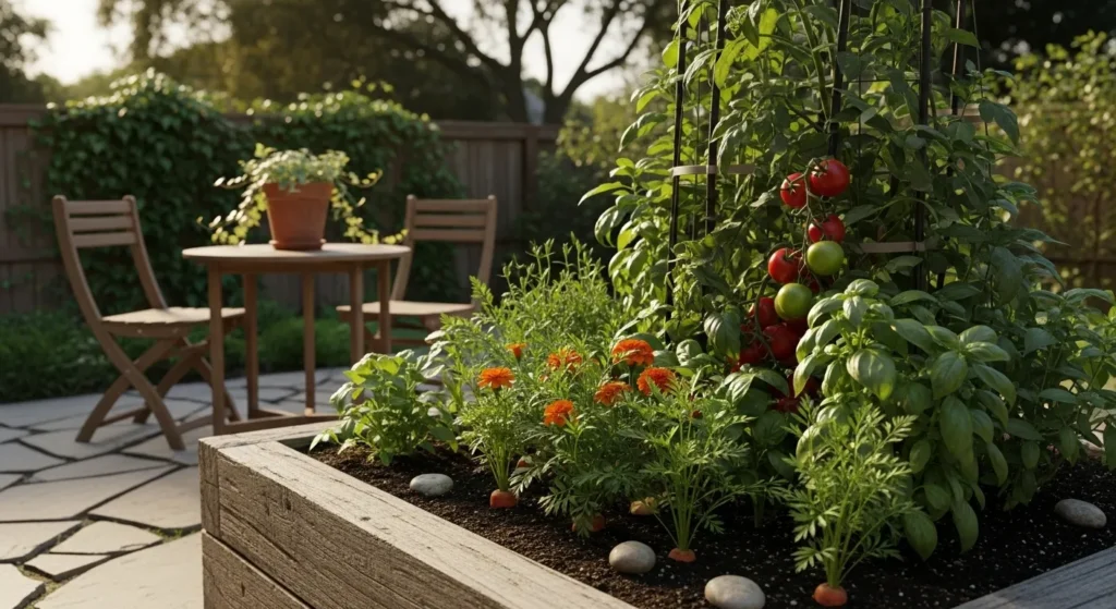 Infographic of a raised garden bed showing companion planting benefits: bees over marigolds for pollination, basil repelling insects, beans climbing poles to fix nitrogen, and tall corn shading lettuce.
