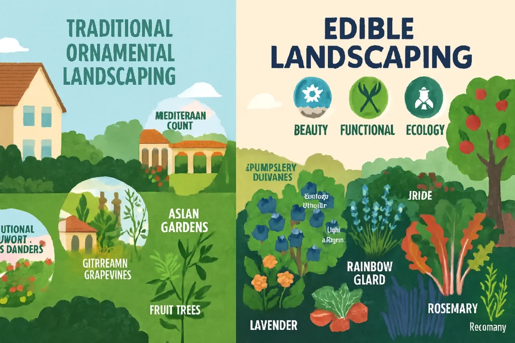Illustration comparing traditional ornamental gardens with modern edible landscaping ideas, showing fruit trees, herbs, vegetables, and flowers integrated into a vibrant, functional garden design.