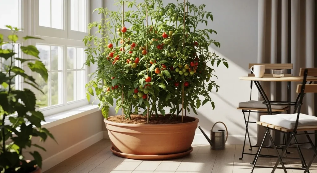 Grow tomatoes in pots without soil on a sunny balcony using coco coir and containers.