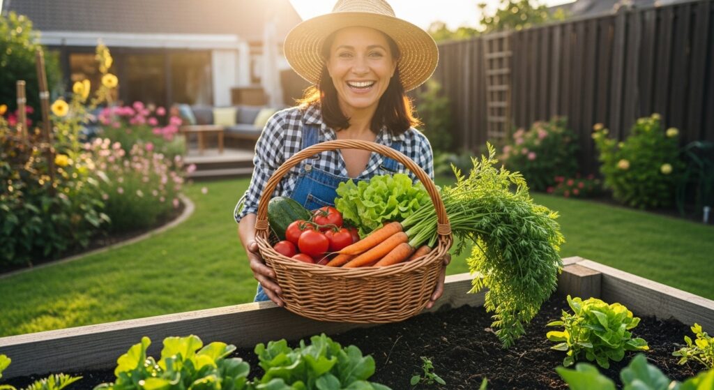 Beginner gardener harvesting vegetables from raised bed garden