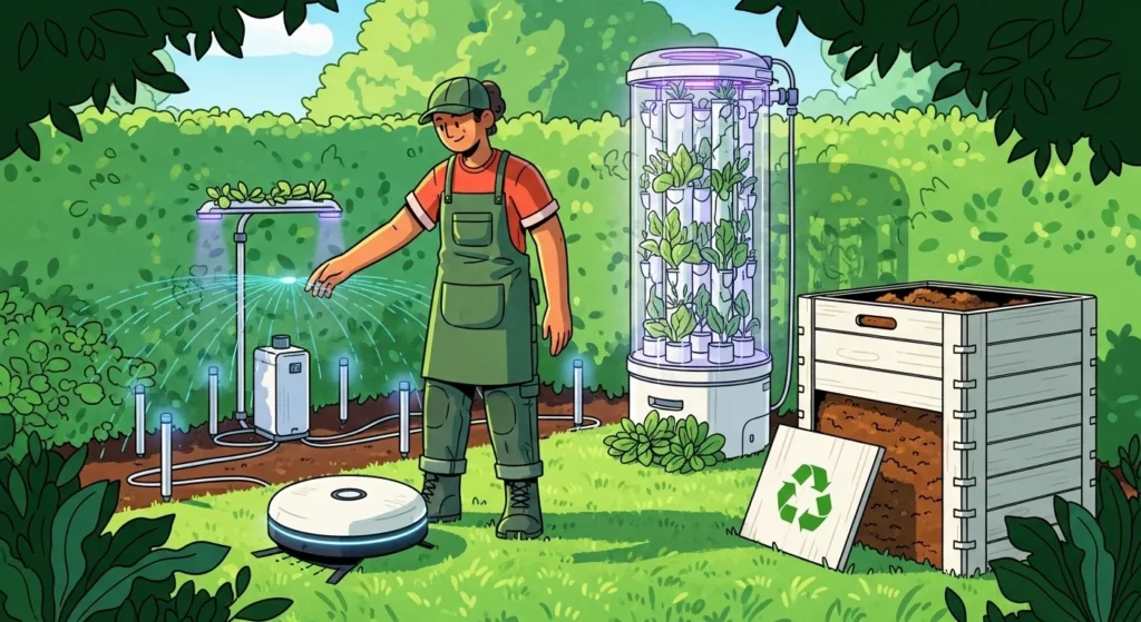 Futuristic smart garden scene in 2025 with multiple AI gardening tools including robotic lawn mower, smart irrigation system, vertical hydroponic tower, AI composting bin, and gardener using smartphone app, symbolizing the future of efficient and sustainable gardening.