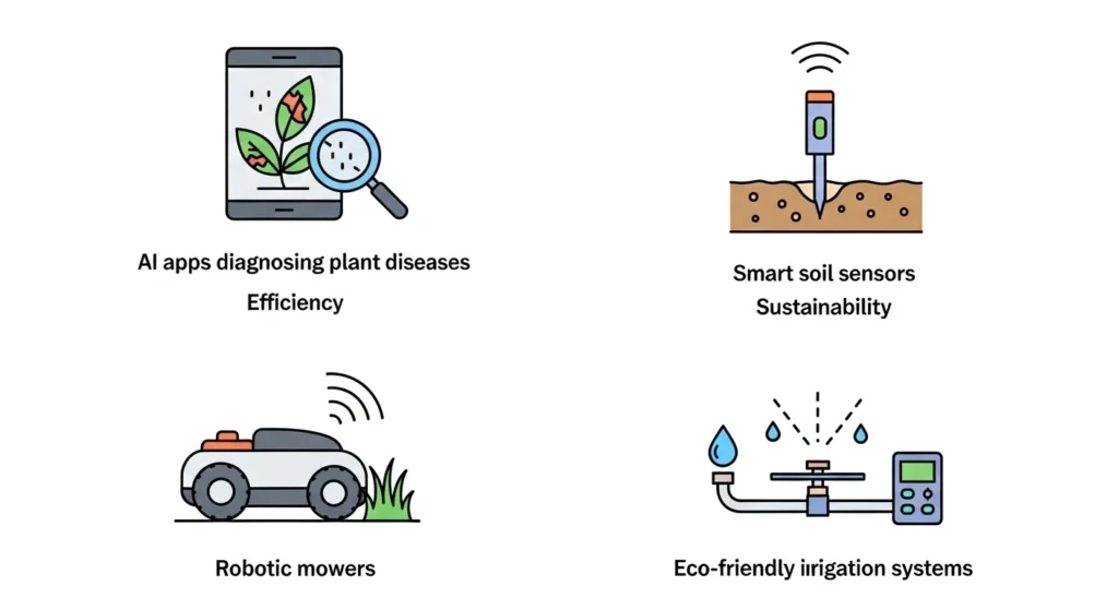 Infographic showing why AI is transforming gardening in 2025 with smart gardening tools like plant disease detection apps, soil sensors, robotic mowers, and AI irrigation systems, labeled with efficiency, sustainability, and beginner-friendly.