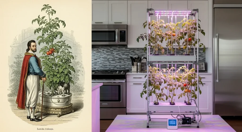 History and modern methods of how to grow tomatoes without soil using hydroponics and coco coir.