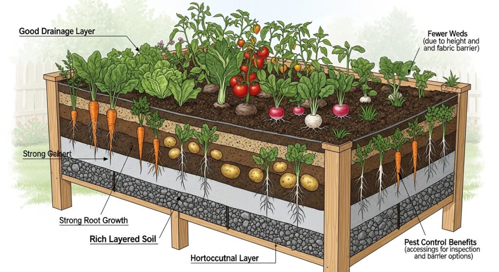 Healthy soil and drainage benefits of raised bed vegetable gardening
