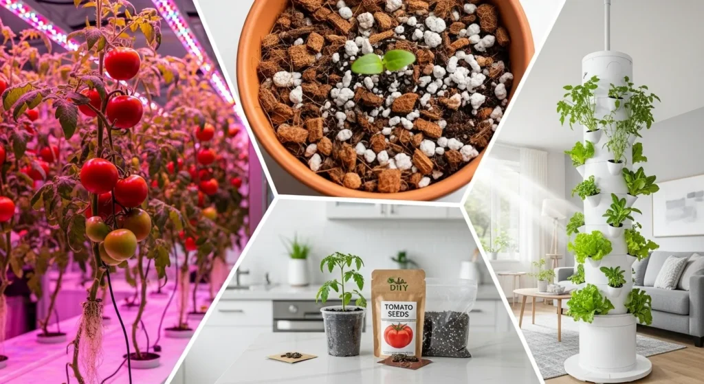 Hydroponic tomato plants, coco coir pots, and compact DIY systems showing how to grow tomatoes in pots without soil.