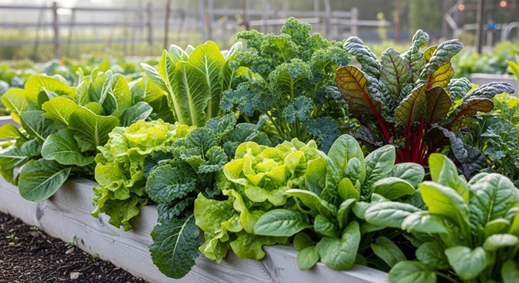 Leafy greens growing in a raised bed vegetable garden