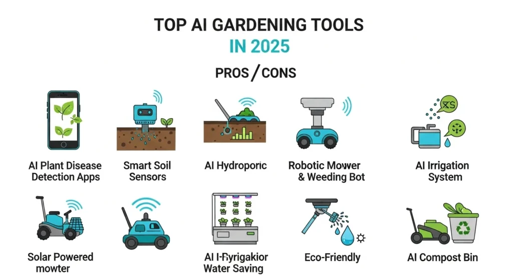 Infographic of Top AI Gardening Tools for 2025 showing plant disease detection apps on smartphone, smart soil sensors in the ground, robotic lawn mower, vertical hydroponic system, AI-powered irrigation sprinklers, and eco-friendly solar gardening tools, with icons and labels highlighting their features.