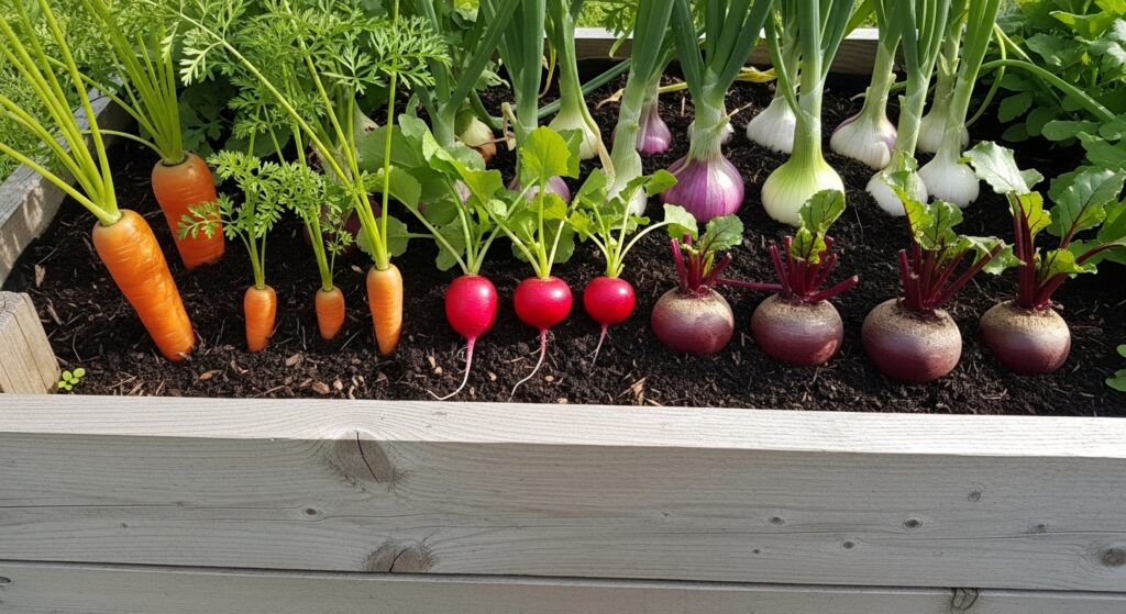 Root vegetables like carrots and radishes thriving in raised beds