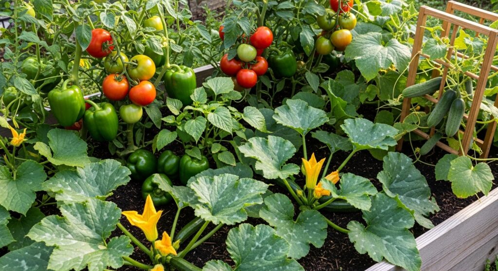 Tomatoes, peppers, cucumbers, and zucchini in a raised bed garden
