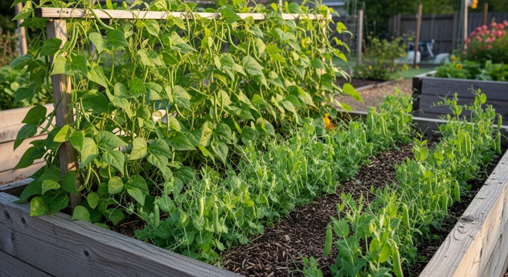 Beans and peas growing on trellises in a raised bed