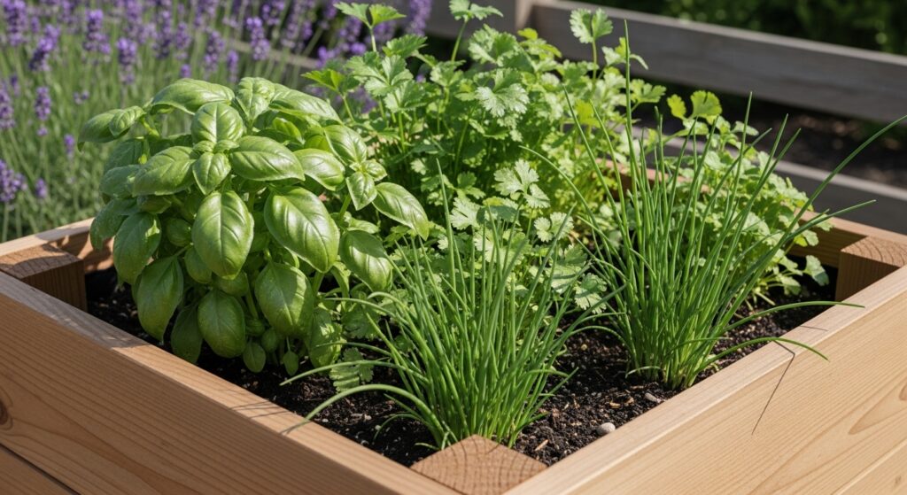 Herbs like basil and parsley growing in raised bed vegetable gardening