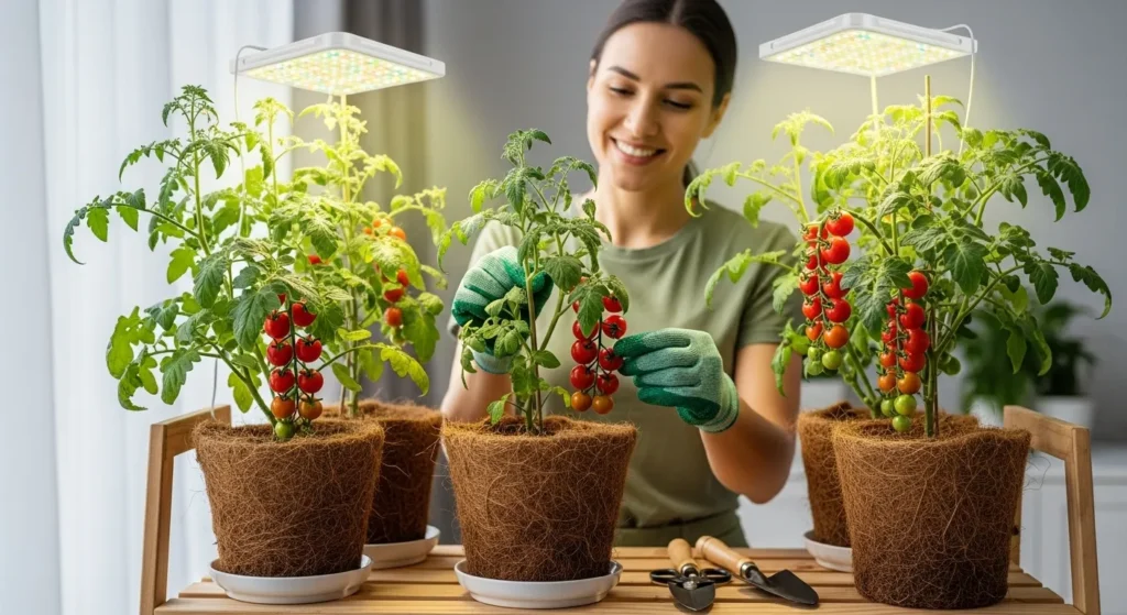 Healthy indoor tomato plants growing in pots without soil under eco-friendly grow lights.