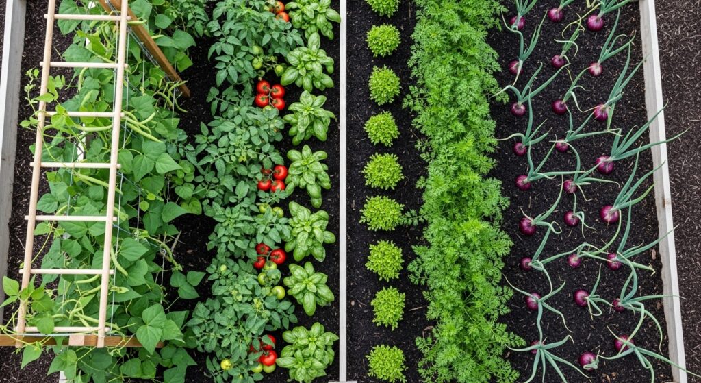 Companion planting layout in a raised bed vegetable garden