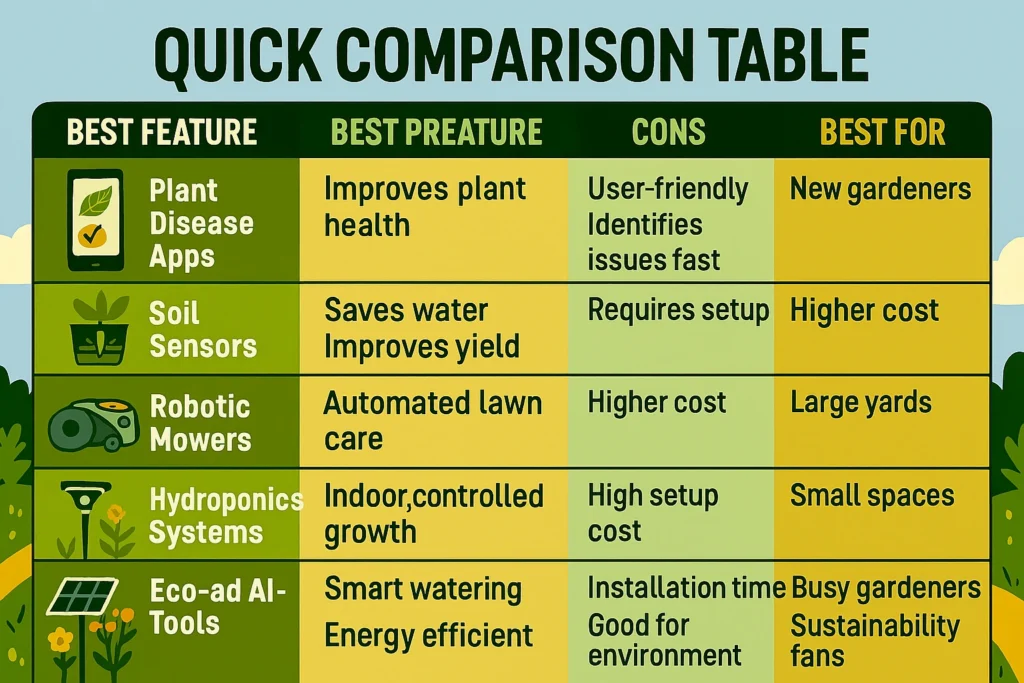 Infographic comparison table of Smart Gardening Tools in 2025, showing plant disease apps, soil sensors, robotic mowers, hydroponics, irrigation systems, and eco-friendly tools with their best features, pros, cons, and best use cases.