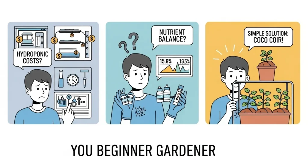 Beginner gardener learning to grow tomatoes in pots without soil using nutrient solutions.