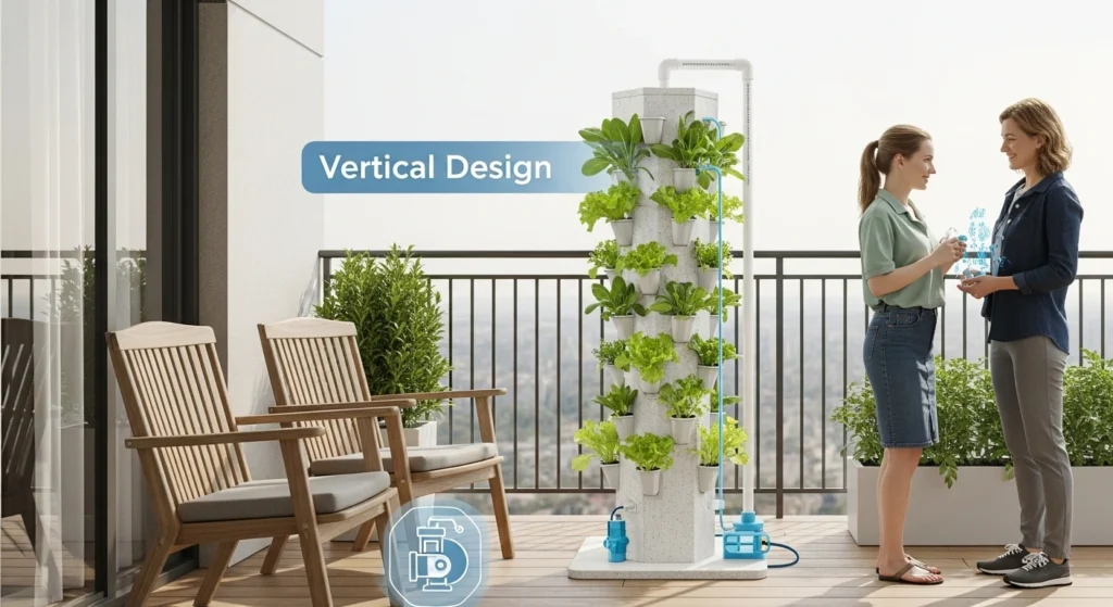 Infographic of eco-friendly Smart Gardening Tools in 2025 showing AI soil sensors reducing water waste, solar-powered robotic mower, and AI composting bin turning waste into fertilizer in a sustainable garden.