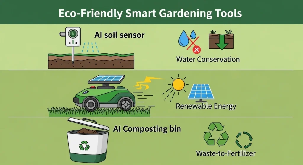 Infographic of eco-friendly Smart Gardening Tools in 2025 showing AI soil sensors reducing water waste, solar-powered robotic lawn mower, and AI composting bin converting organic waste into fertilizer, highlighting sustainability and renewable energy in modern gardening.