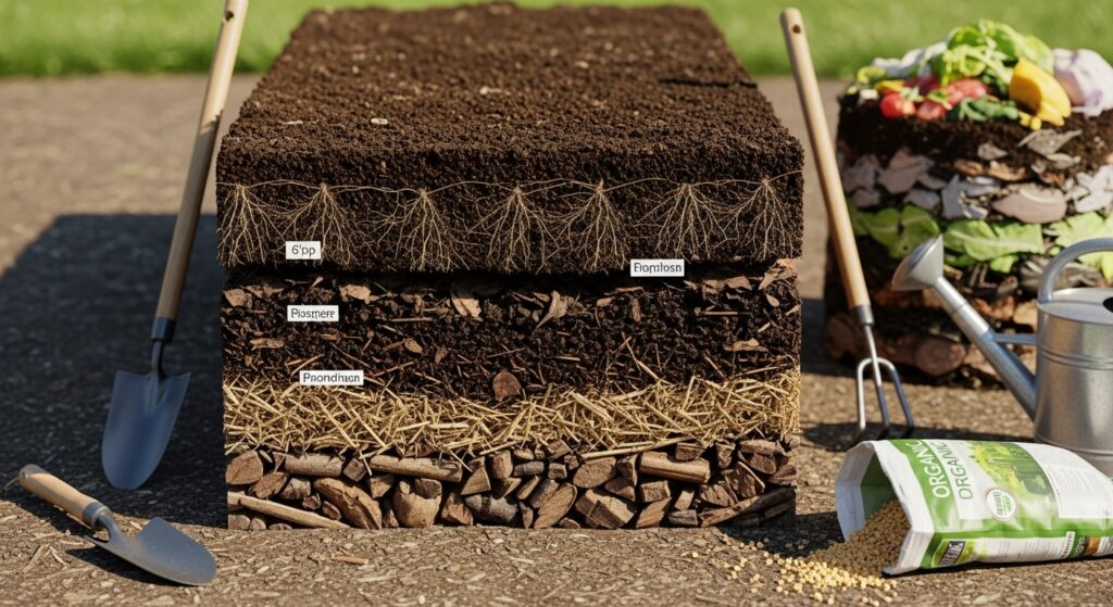 Soil mix and compost for raised bed vegetable gardening