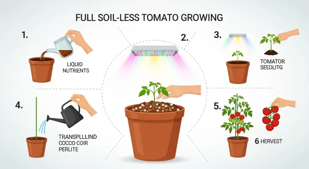 Step-by-step process to grow tomatoes in pots without soil using coco coir, perlite, nutrients, and grow lights.