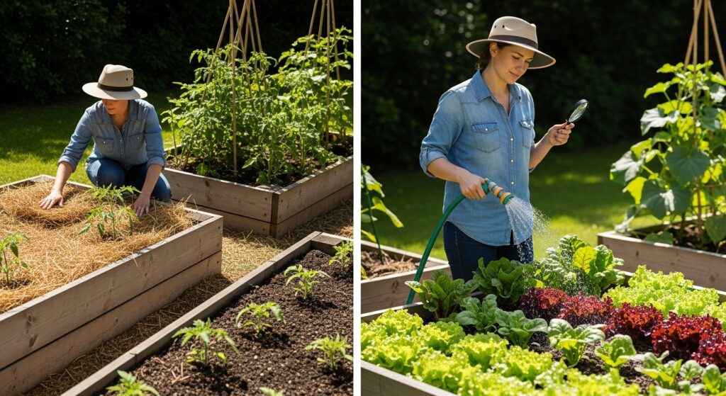 Watering and mulching vegetables in a raised bed garden
