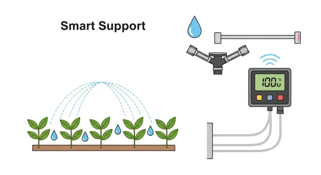 Infographic of AI Irrigation System showing automated sprinkler watering plants with smart moisture sensor, digital control panel displaying water levels, and wireless connectivity signals, highlighting efficient water management in modern smart gardening tools.