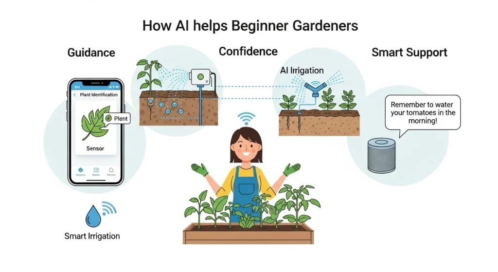 Infographic showing how AI helps beginner gardeners with smart gardening tools: smartphone app identifying plants and diseases, AI irrigation system watering plants automatically, and voice assistant giving gardening tips, emphasizing guidance, confidence, and smart support for new gardeners.