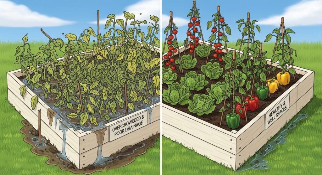 Overcrowding and poor drainage mistakes in raised bed gardening