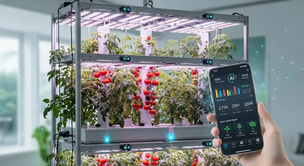 Smart hydroponic system with sensors showing the future of growing tomatoes in pots without soil.