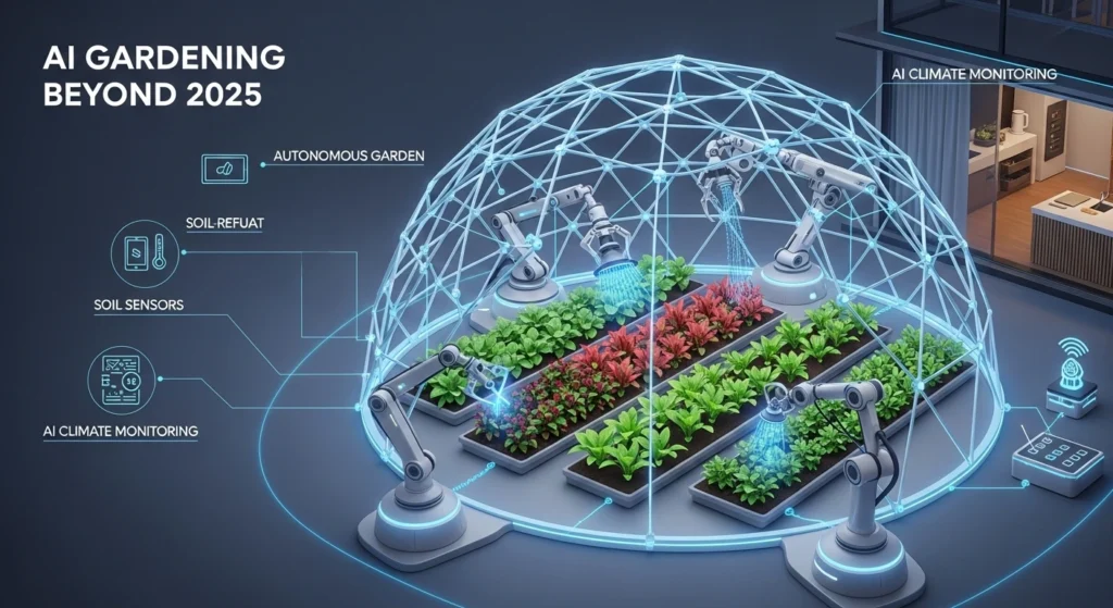 Infographic illustrating the future of gardening with AI beyond 2025, showing autonomous gardens with robotic arms tending plants, smart homes connected to gardens adjusting irrigation and grow lights, AI-driven seed selection for climate resilience, and futuristic hydroponic systems, highlighting sustainability and automation.
