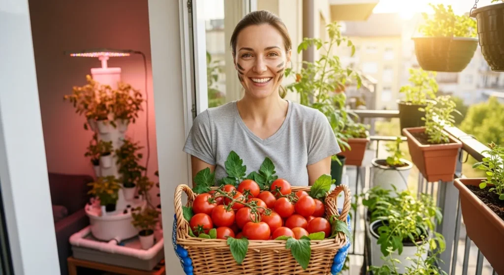 Home gardener harvesting fresh red tomatoes from pots without soil on a balcony.