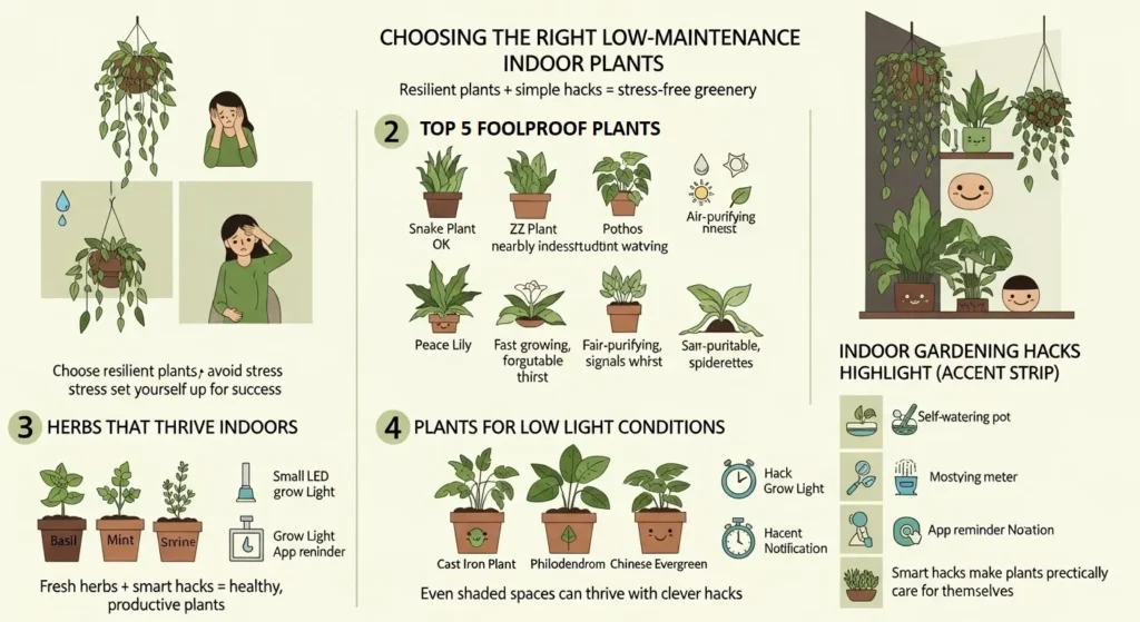 Infographic with five foolproof plants, herbs like basil and mint, low-light plants, and simple gardening hacks.