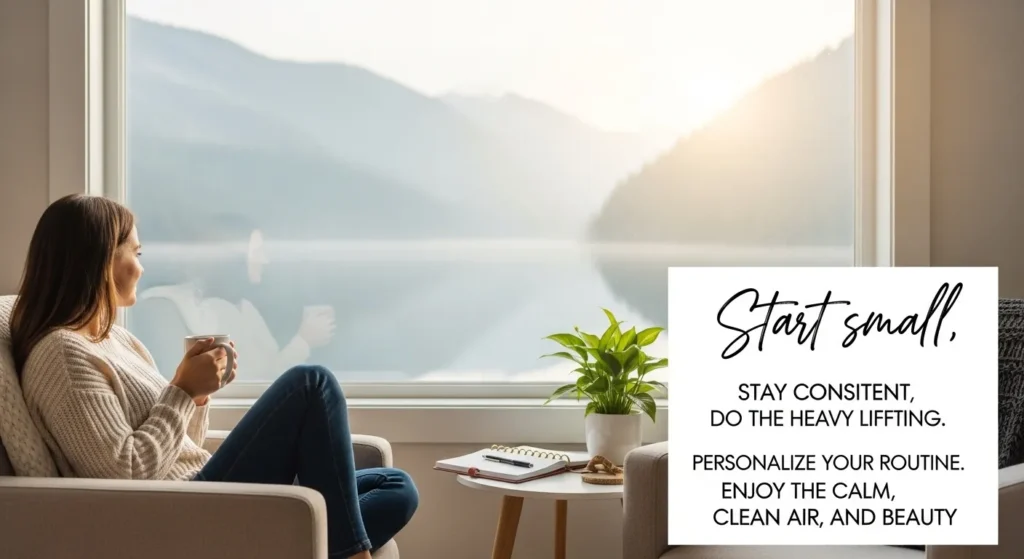A serene indoor living space filled with low-maintenance houseplants arranged neatly on shelves, tables, and the floor. Soft natural light filters through sheer curtains, highlighting greenery such as snake plants, pothos, and ZZ plants. A cozy sofa with neutral cushions and a small wooden sign reading “Start small, enjoy green” reinforces the calming, stress-free atmosphere of indoor gardening.