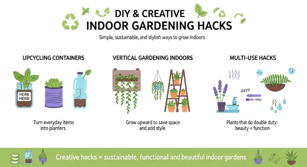 Infographic showing upcycled containers, vertical plant setups like shelves and wall planters, and multi-use plants like aloe and lavender.
