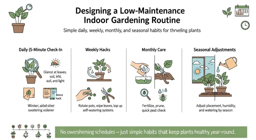 Infographic timeline with daily, weekly, monthly, and seasonal plant care habits for a sustainable indoor gardening routine.