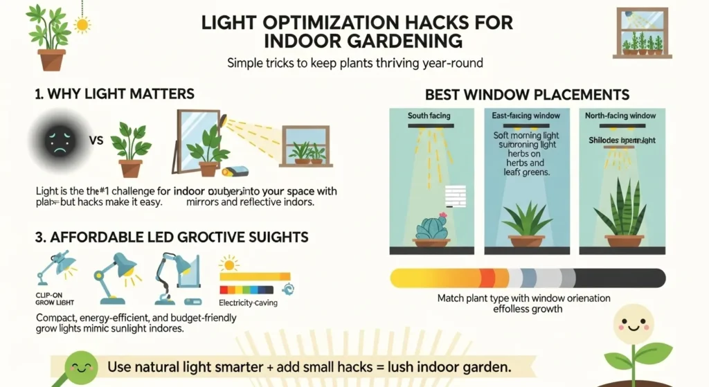 Infographic with hacks like mirrors to reflect light, affordable LED grow lights, and best plant placements by window direction.