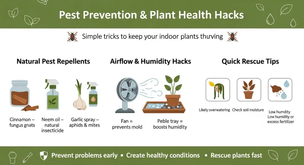 Infographic with natural pest repellents like cinnamon, neem oil, and garlic spray, airflow and humidity tips, and rescue signs.