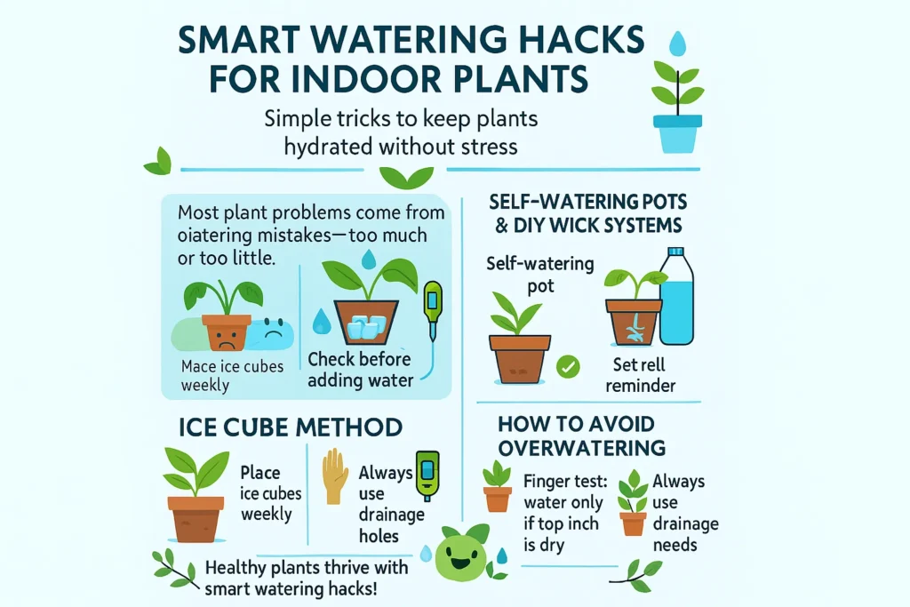 Infographic of ice cube watering method, self-watering pots and DIY wick systems, plus tips to prevent overwatering.