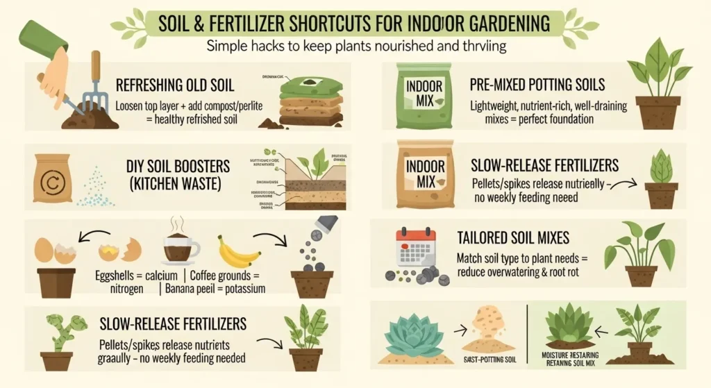 Infographic showing refreshing old soil, pre-mixed potting mixes, DIY boosters from kitchen waste, and slow-release fertilizers.