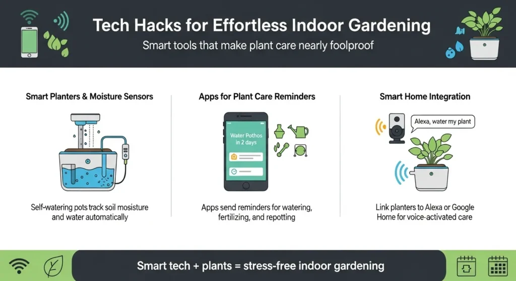 Infographic featuring smart planters with sensors, plant-care reminder apps, and smart home integration with Alexa or Google.