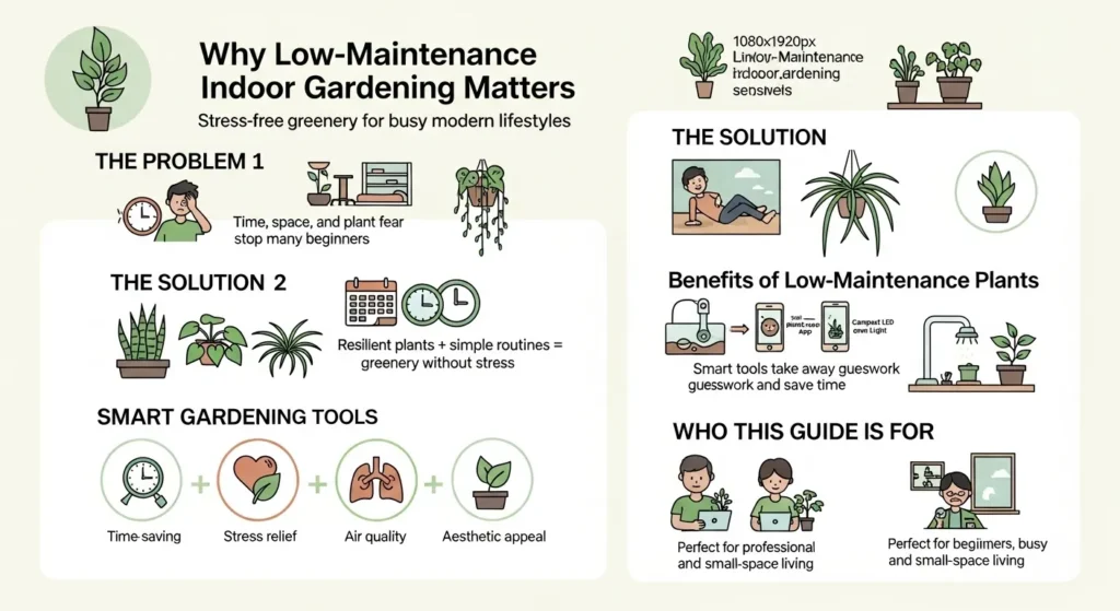 Infographic showing stressed person vs thriving plant corner, smart tools like self-watering pots, and plant care benefits.