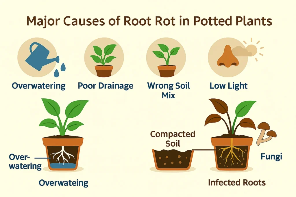 Infographic explaining causes of Root Rot in Potted Plants including overwatering, poor drainage, and soggy soil conditions.