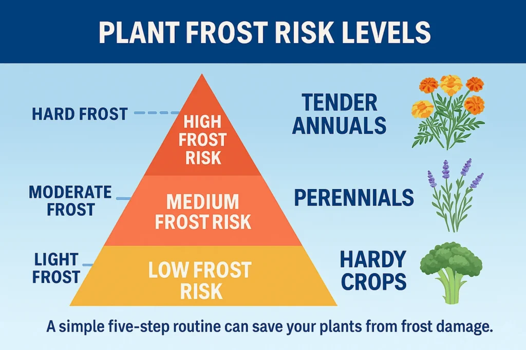 Infographic showing frost protection for plants by risk level, including tender annuals, perennials, and hardy crops under different frost conditions.