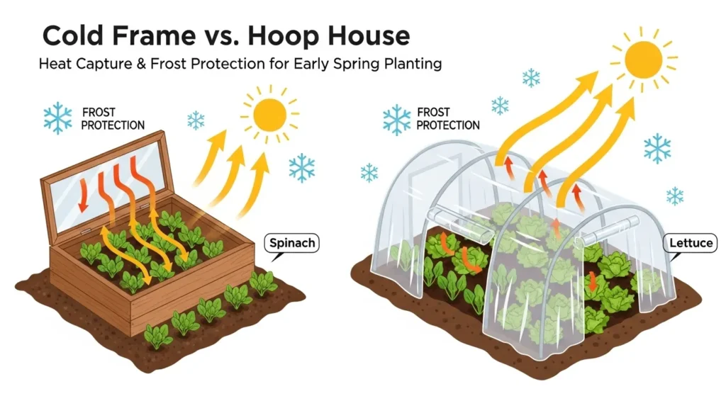 Infographic explaining what cold frame gardening is, showing a wooden box cold frame and a hoop house trapping sunlight and warmth, part of the Cold Frame Gardening Guide.
