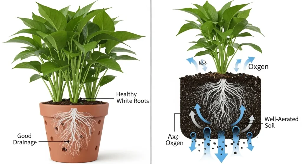 Infographic explaining what Root Rot in Potted Plants is, showing healthy roots versus brown decaying roots caused by overwatering and poor drainage.