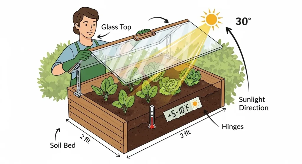 Infographic showing the structure and function of a DIY cold frame with a wooden box, glass lid, and sunlight capturing heat to protect lettuce and spinach.