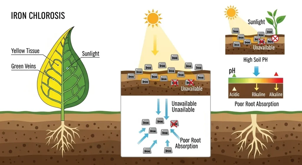 “Infographic explaining Iron Chlorosis Yellow Leaves with illustration of yellowing between veins caused by iron unavailability in the soil.”