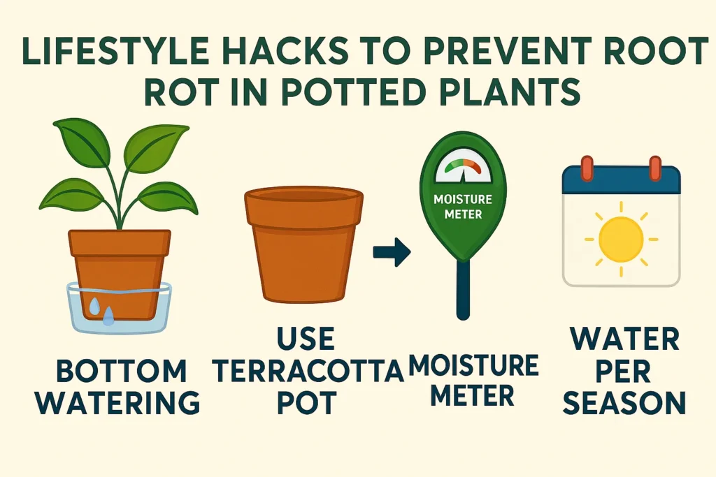 Infographic showing simple lifestyle hacks to prevent Root Rot in Potted Plants — bottom watering method, use of terracotta pots, moisture meter, and adjusting watering per season. Include icons for each tip.