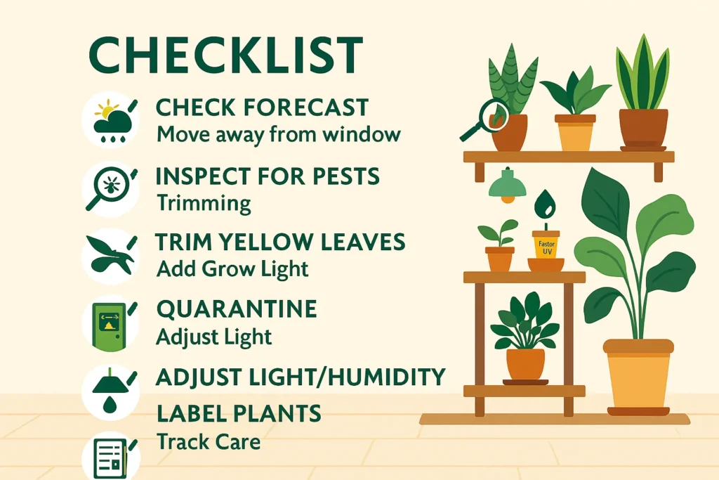 Infographic showing printable overwintering houseplant move-in checklist with step-by-step care actions, featured in the Cold Frame Gardening Guide.