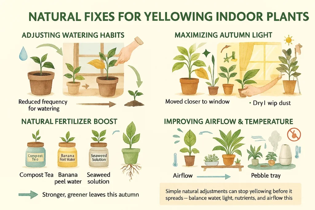 Infographic showing natural fixes for when indoor plants turn yellow in autumn, including proper watering, maximizing sunlight, natural fertilizers like compost tea and banana peel water, and improving airflow with humidifiers.