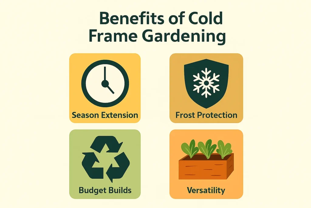 Infographic showing the benefits of cold frame gardening like season extension, frost protection, and affordable DIY builds, part of the Cold Frame Gardening Guide.